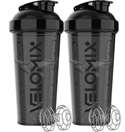 VELOMIX - 2 Pack- 28 oz Protein Shaker Bottles for Protein Mixes - 2x Wire Whisk | Leak Proof Shaker Cups for Protein Shakes | Protein Shaker Bottle Pack (Black/Transparent) - My Store