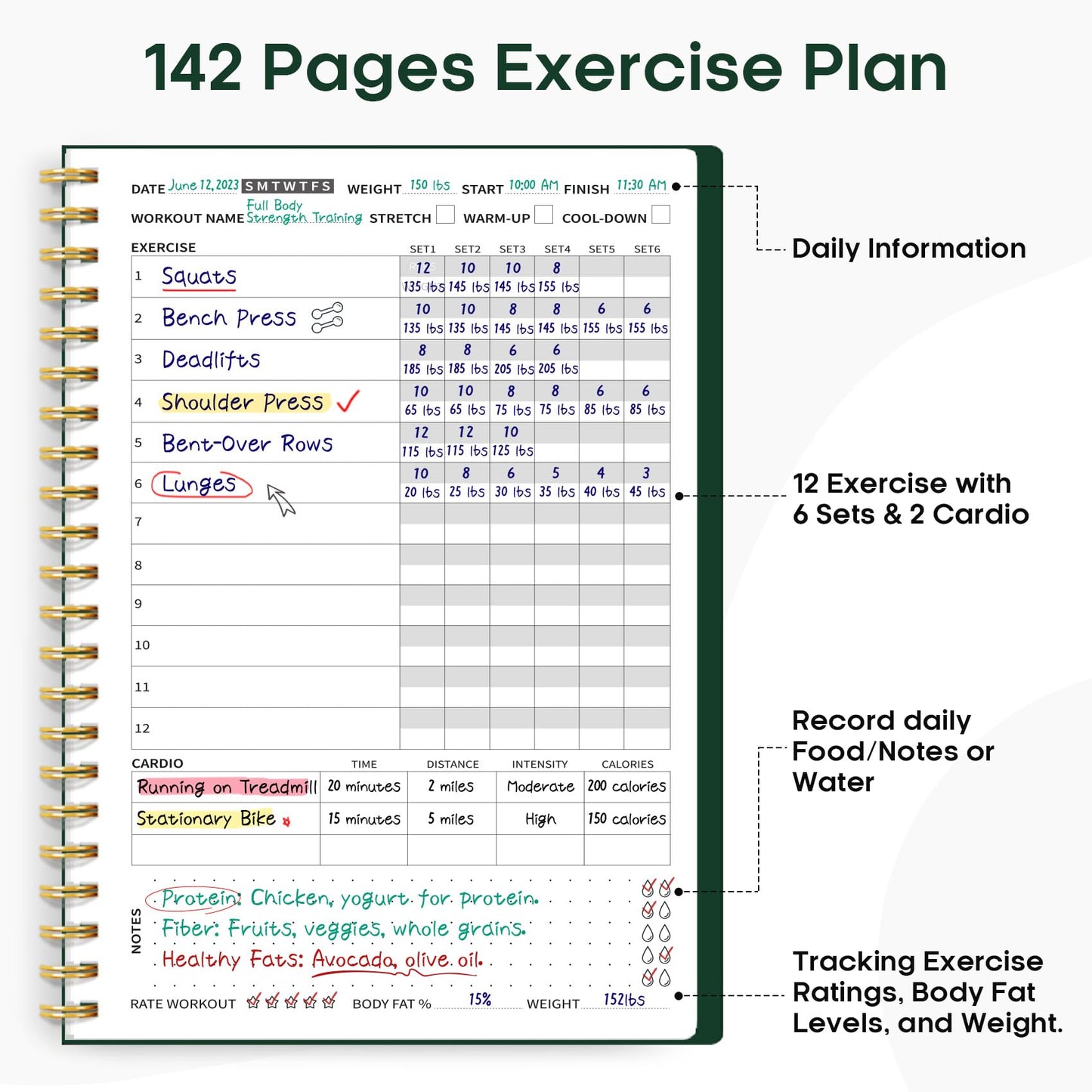 Fitness Workout Journal for Women & Men, A5(5.5" x 8.2") Workout Log Book Planner for Tracking, Progress, and Achieving Your Wellness Goals - Green - My Store