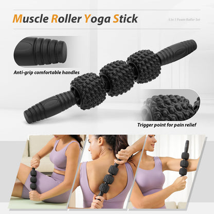5 in1 Foam Roller Set, Trigger Point Foam Roller, Massage Roller Stick, Massage Ball, Resistance Band for Deep Muscle Massage Pilates Yoga,Fitness Exercise for Whole Body (Black-Red) - My Store