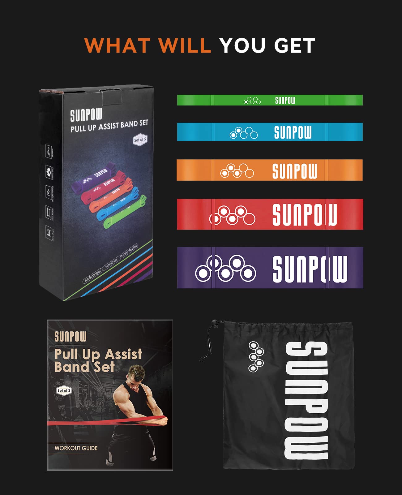 SUNPOW Pull Up Assistance Bands - Set of 5 Resistance Heavy Duty Workout Exercise Stretch Fitness Bands Assist Set for Body, Instruction Guide and Carry Bag Included - My Store