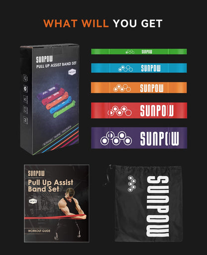 SUNPOW Pull Up Assistance Bands - Set of 5 Resistance Heavy Duty Workout Exercise Stretch Fitness Bands Assist Set for Body, Instruction Guide and Carry Bag Included - My Store
