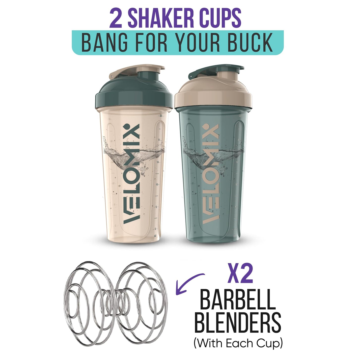VELOMIX - 2 Pack- 28 oz Protein Shaker Bottles for Protein Mixes - 2x Wire Whisk | Leak Proof Shaker Cups for Protein Shakes | Protein Shaker Bottle Pack (Black/Transparent) - My Store