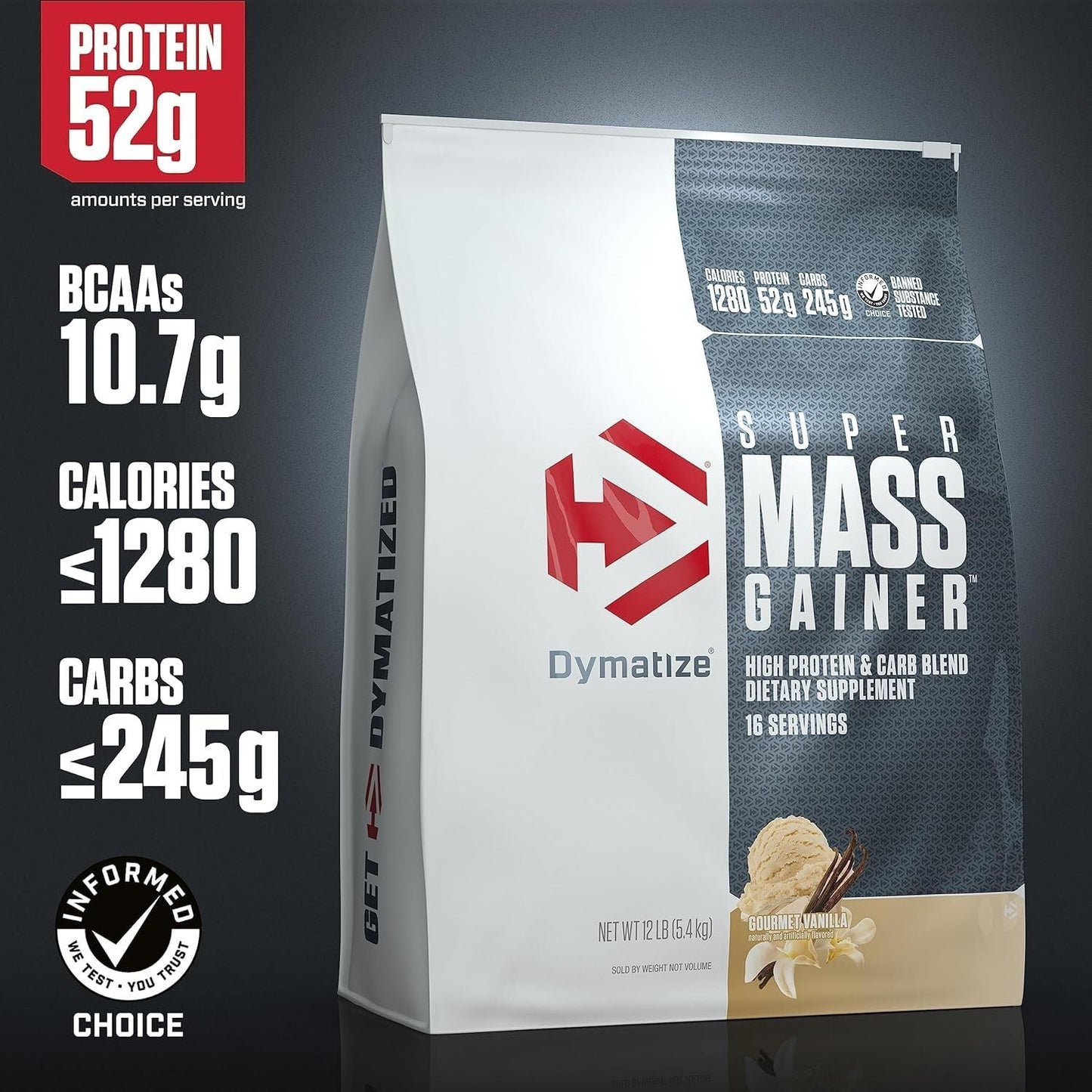 Dymatize Super Mass Gainer Protein Powder, Gourmet Vanilla, 52g Protein, 1g Creatine, 1280 Calories, 10.7g BCAAs, 245g Carbs, Contains Whey Protein Powder, Isolate, and Casein (8 Servings)