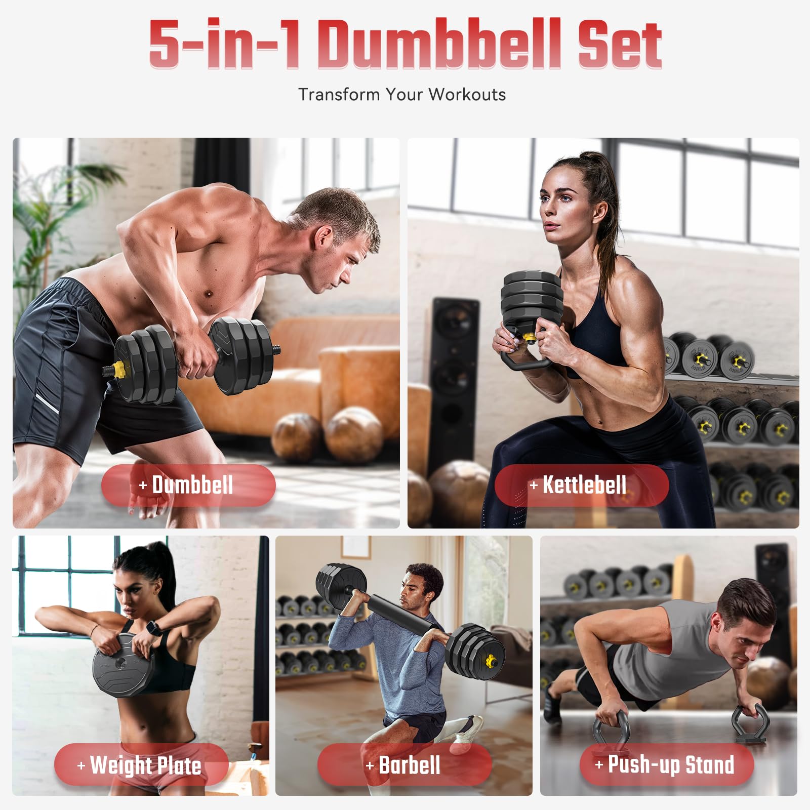 FEIERDUN Adjustable Dumbbells, 20/30/40/45/70/90lbs Free Weight Set with Connector, 5 in1 Dumbbells Set Used as Barbell, Kettlebells, Push up Stand, Weight Plate, Fitness Exercises for Home Gym Suitable Men/Women - My Store