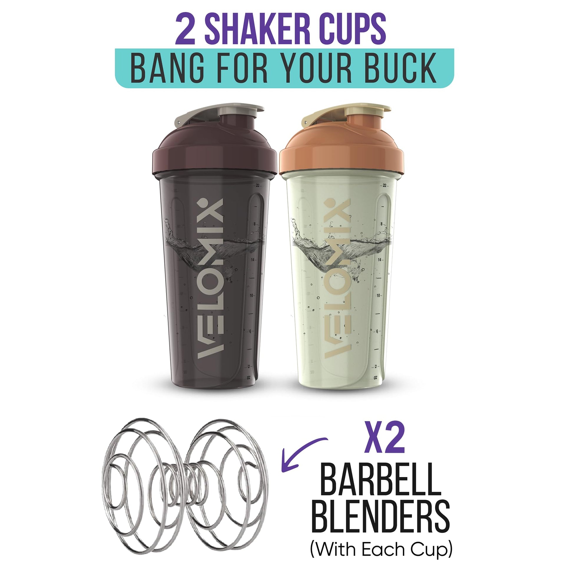 VELOMIX - 2 Pack- 28 oz Protein Shaker Bottles for Protein Mixes - 2x Wire Whisk | Leak Proof Shaker Cups for Protein Shakes | Protein Shaker Bottle Pack (Black/Transparent) - My Store