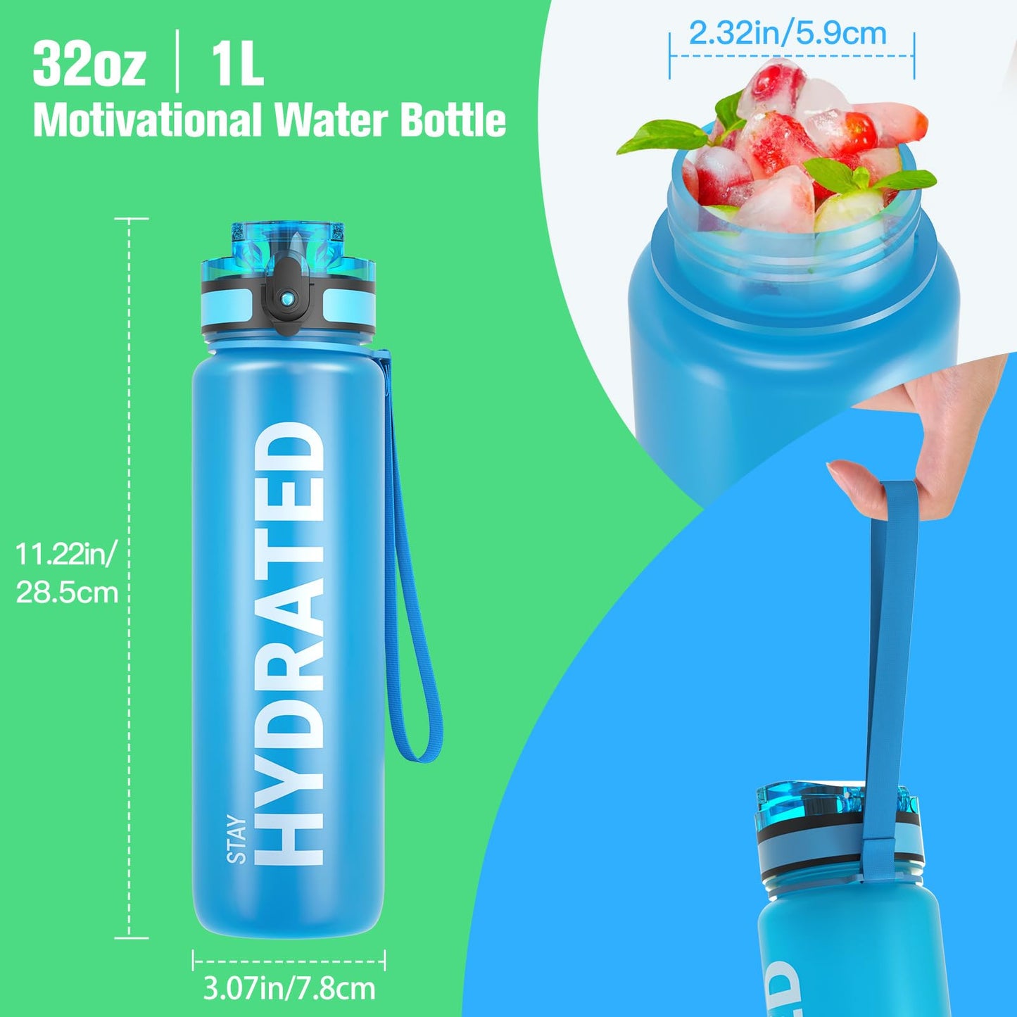 Sahara Sailor Water Bottle, 32/25/17oz Durable and Leakproof Water Bottles Motivational with Time Marker, Tritan, BPA Free, Wide Mouth with Easy Clean Brush for Gym, Travel, School, Office (1 Bottle) - My Store