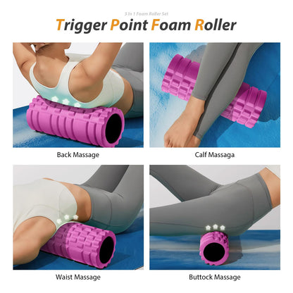 5 in1 Foam Roller Set, Trigger Point Foam Roller, Massage Roller Stick, Massage Ball, Resistance Band for Deep Muscle Massage Pilates Yoga,Fitness Exercise for Whole Body (Black-Red) - My Store