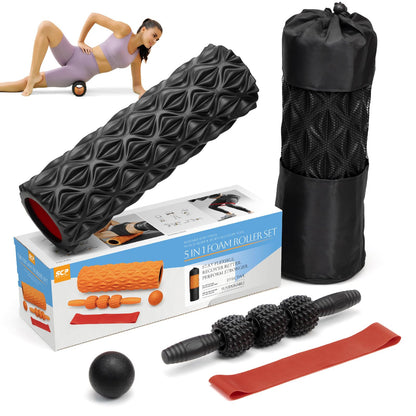 5 in1 Foam Roller Set, Trigger Point Foam Roller, Massage Roller Stick, Massage Ball, Resistance Band for Deep Muscle Massage Pilates Yoga,Fitness Exercise for Whole Body (Black-Red) - My Store