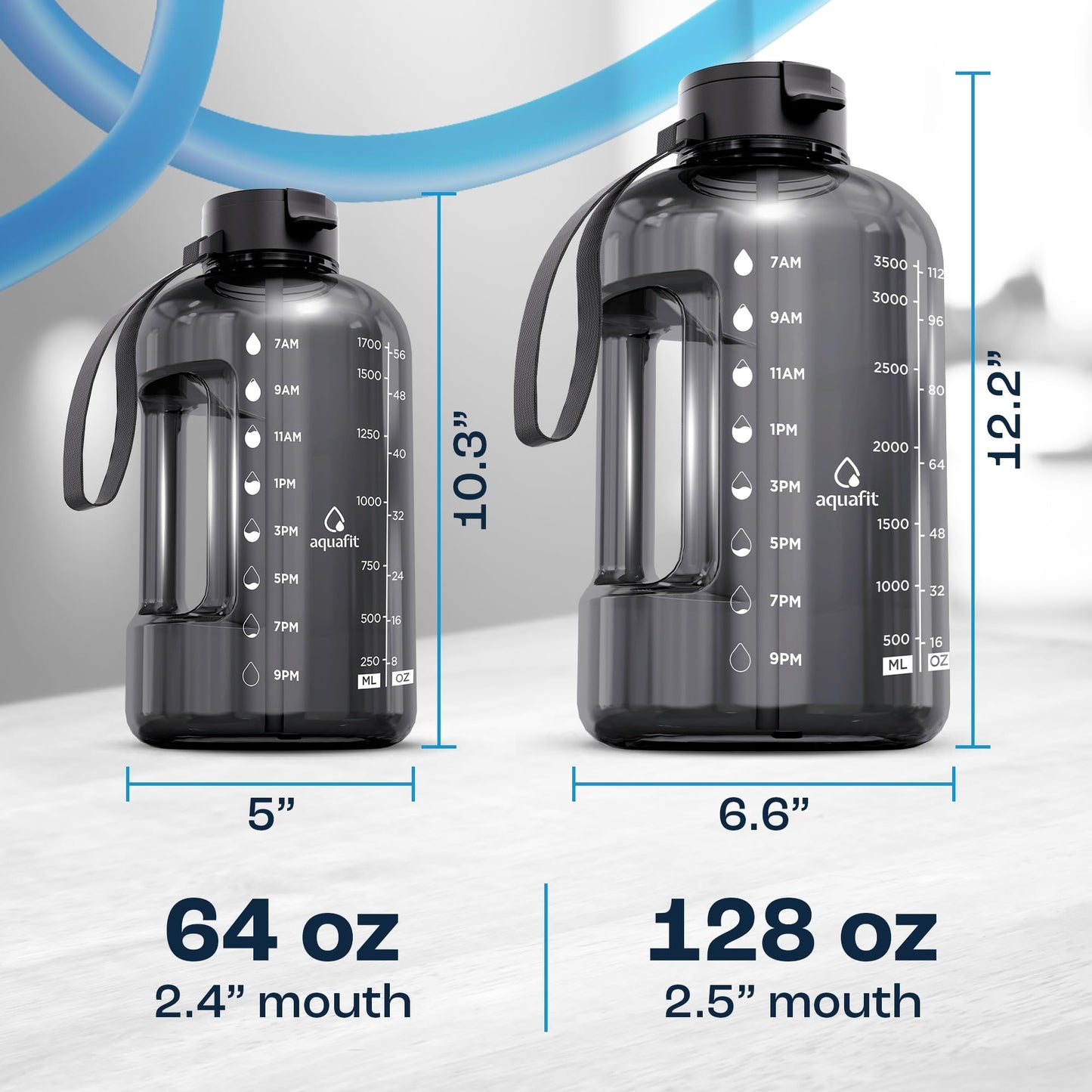 AQUAFIT 1 Gallon Water Bottle with Time Marker - Straw & Chug Lid - BPA Free Gym Water Bottle with Straw - Big Gallon Jug (Gray, 128 oz - 2 Lids) - My Store