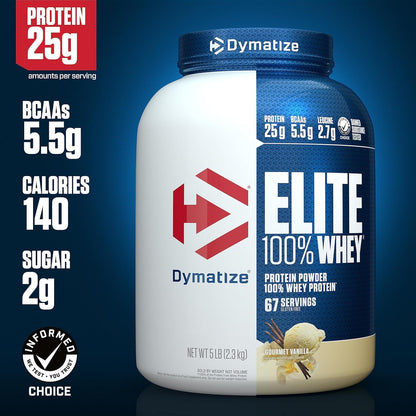 Dymatize Elite 100% Whey Protein Powder, Cookies & Cream, 25g of Protein, 5.5g BCAAs, Less Than 140 Cal., Gluten Free, 3g Carb, 2g Sugar, 3g Fat (25 Servings)