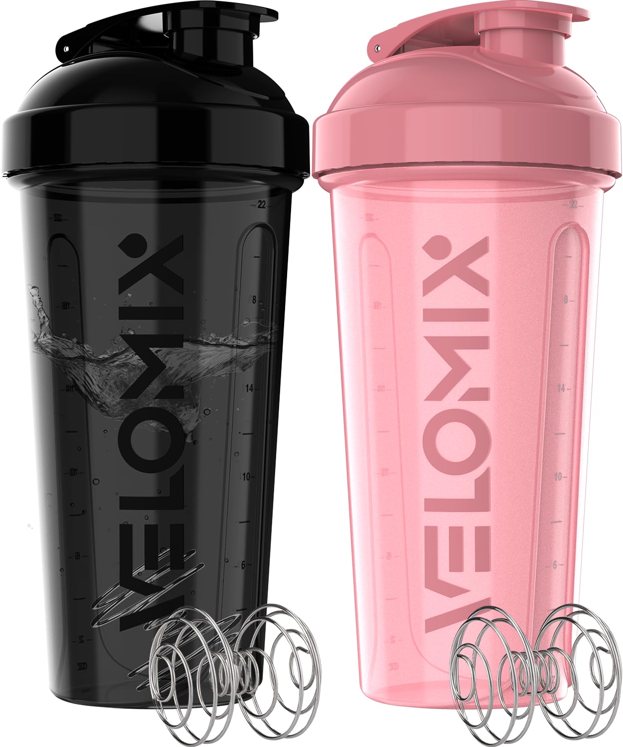 VELOMIX - 2 Pack- 28 oz Protein Shaker Bottles for Protein Mixes - 2x Wire Whisk | Leak Proof Shaker Cups for Protein Shakes | Protein Shaker Bottle Pack (Black/Transparent) - My Store