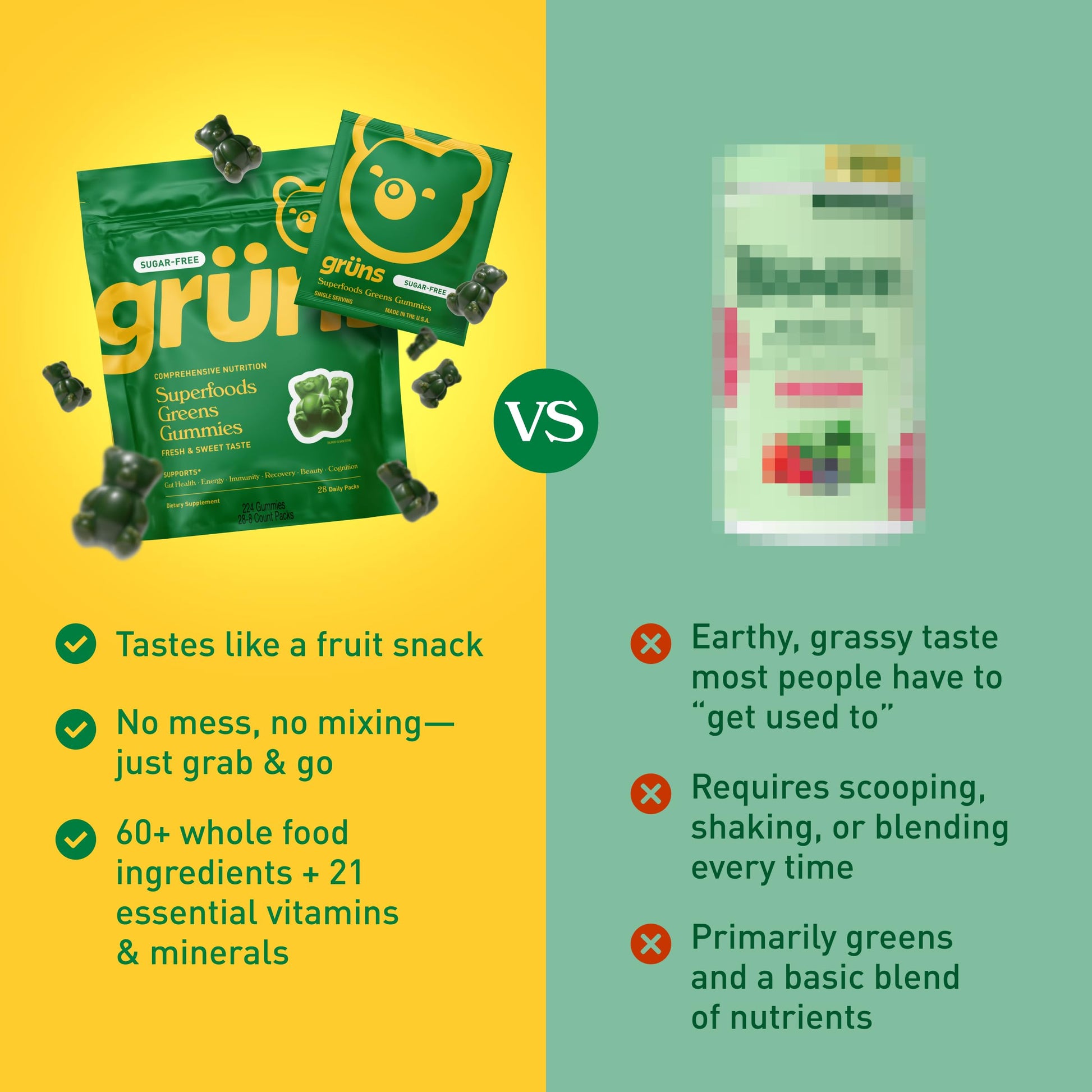 Gruns Adults Super Greens Gummies, Multivitamin Superfood Gummy Bears with Spirulina, Chlorella, Prebiotics & Fiber for Digestive Health, Adaptogens Supplement with 20 Vitamins & Minerals, 28 Count - My Store