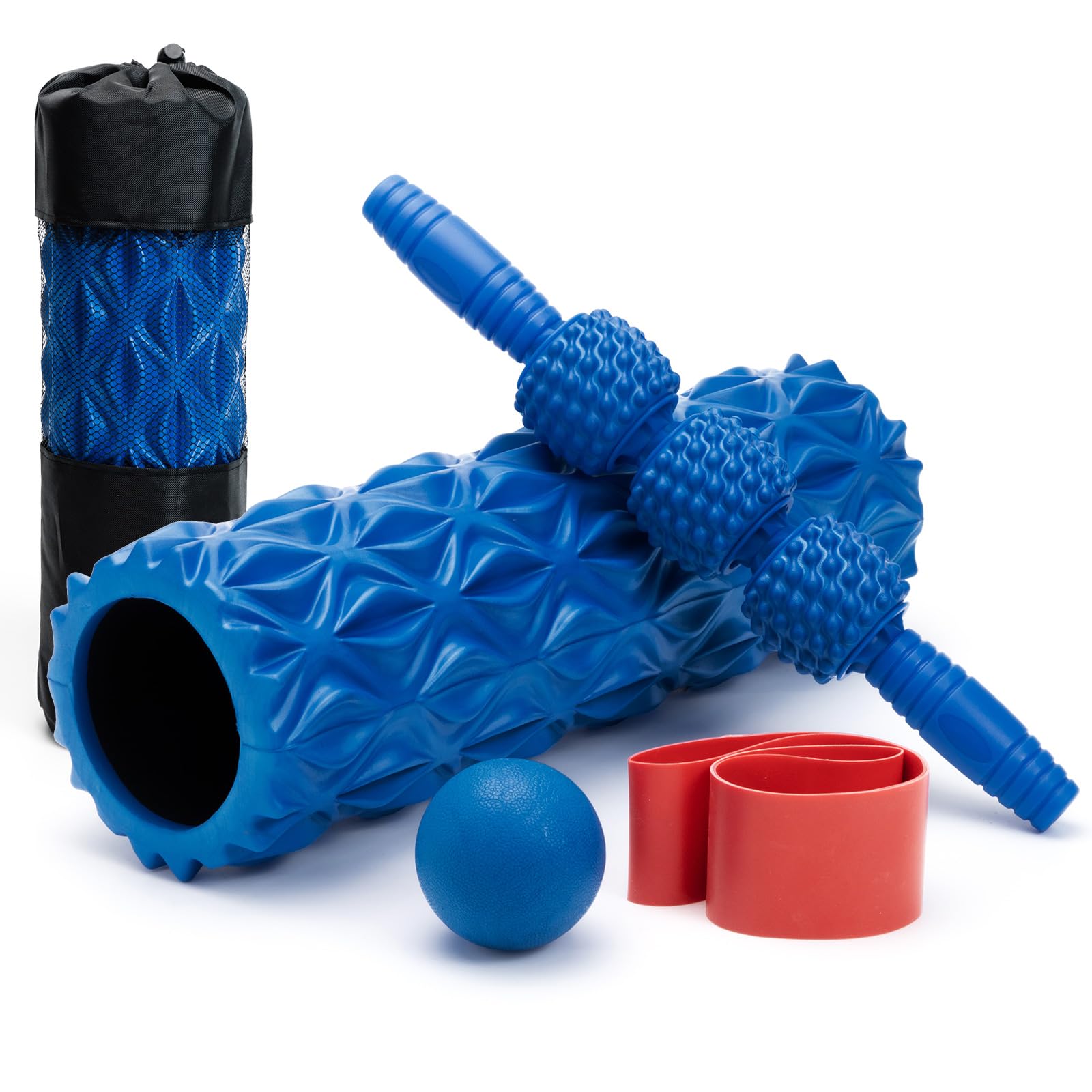5 in1 Foam Roller Set, Trigger Point Foam Roller, Massage Roller Stick, Massage Ball, Resistance Band for Deep Muscle Massage Pilates Yoga,Fitness Exercise for Whole Body (Black-Red) - My Store