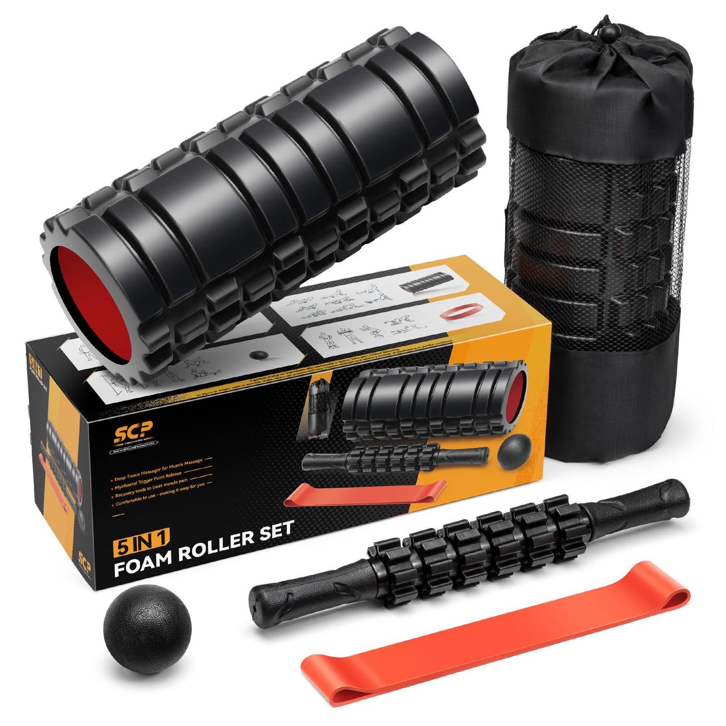 5 in1 Foam Roller Set, Trigger Point Foam Roller, Massage Roller Stick, Massage Ball, Resistance Band for Deep Muscle Massage Pilates Yoga,Fitness Exercise for Whole Body (Black-Red) - My Store