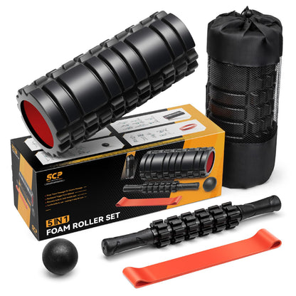 5 in1 Foam Roller Set, Trigger Point Foam Roller, Massage Roller Stick, Massage Ball, Resistance Band for Deep Muscle Massage Pilates Yoga,Fitness Exercise for Whole Body (Black-Red) - My Store