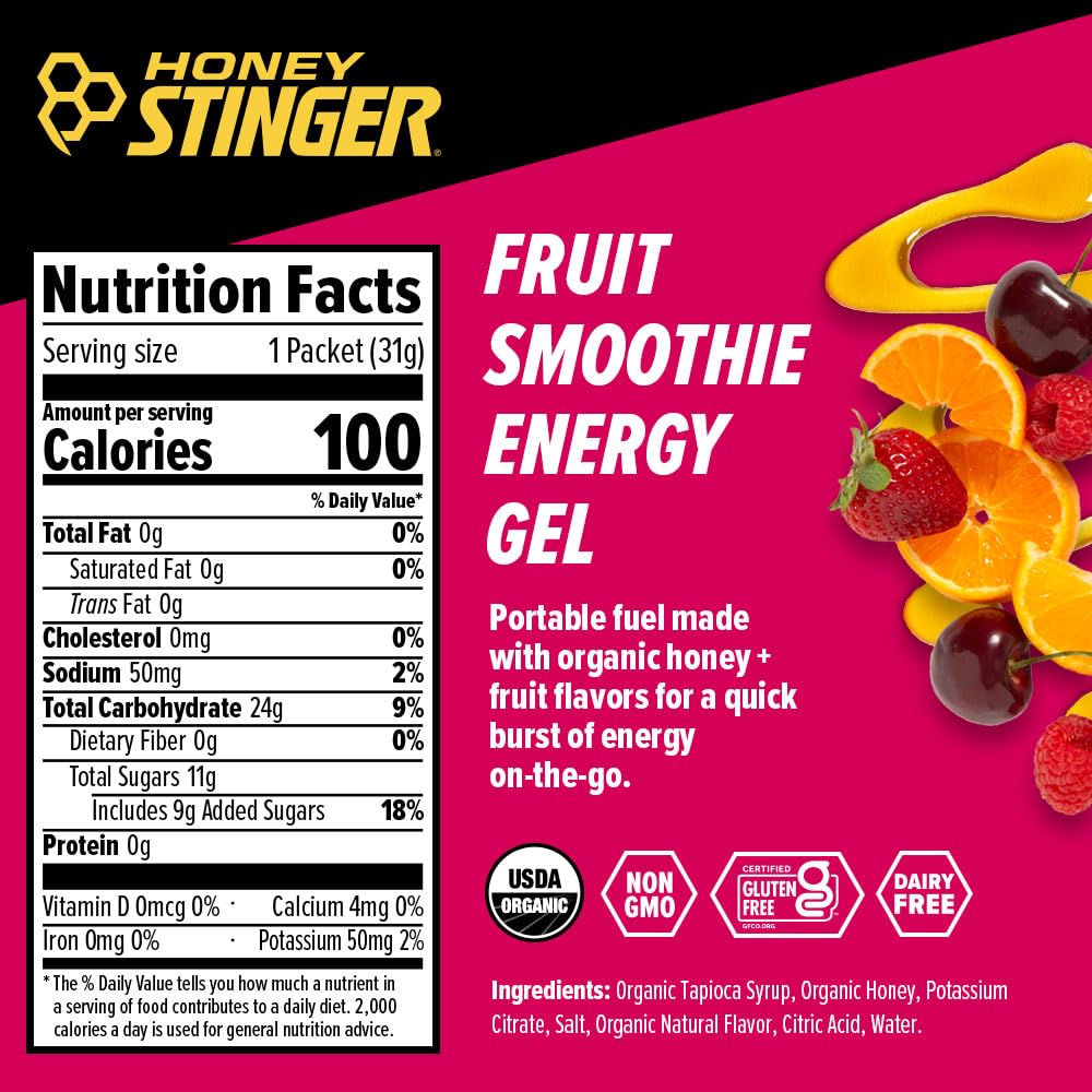 Honey Stinger Organic Fruit Smoothie Energy Gel, Gluten Free & Caffeine Free, for Exercise, Running and Performance, Sports Nutrition for Home & Gym, Pre and Mid Workout, 12 Pack, 13.2 Ounce