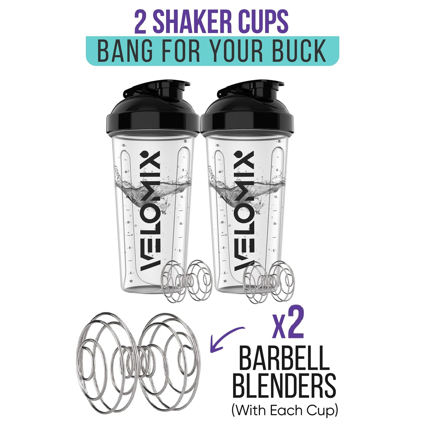 VELOMIX - 2 Pack- 28 oz Protein Shaker Bottles for Protein Mixes - 2x Wire Whisk | Leak Proof Shaker Cups for Protein Shakes | Protein Shaker Bottle Pack (Black/Transparent) - My Store