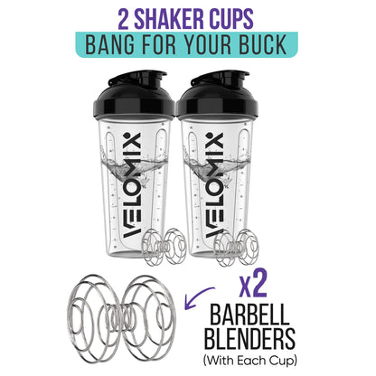 VELOMIX - 2 Pack- 28 oz Protein Shaker Bottles for Protein Mixes - 2x Wire Whisk | Leak Proof Shaker Cups for Protein Shakes | Protein Shaker Bottle Pack (Black/Transparent) - My Store