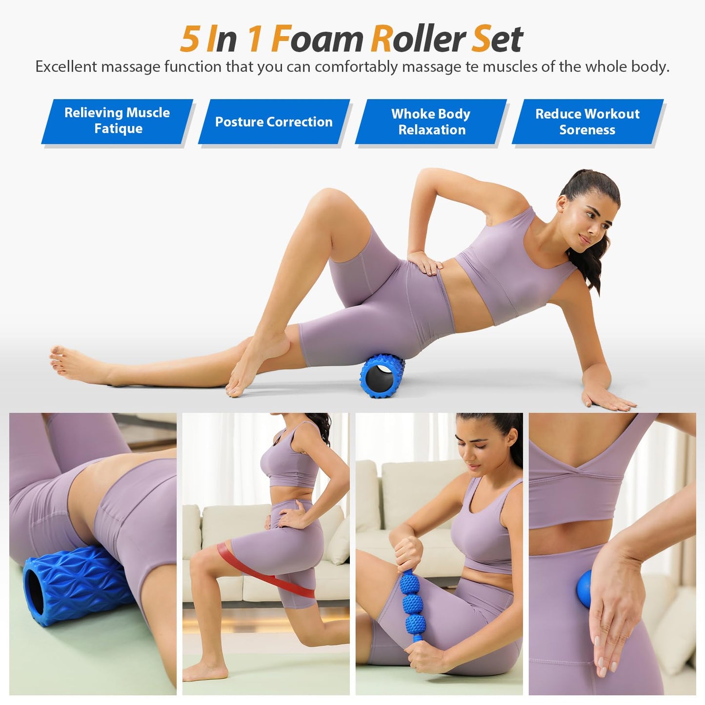 5 in1 Foam Roller Set, Trigger Point Foam Roller, Massage Roller Stick, Massage Ball, Resistance Band for Deep Muscle Massage Pilates Yoga,Fitness Exercise for Whole Body (Black-Red) - My Store