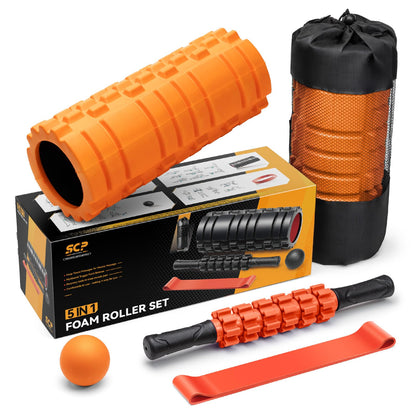 5 in1 Foam Roller Set, Trigger Point Foam Roller, Massage Roller Stick, Massage Ball, Resistance Band for Deep Muscle Massage Pilates Yoga,Fitness Exercise for Whole Body (Black-Red) - My Store