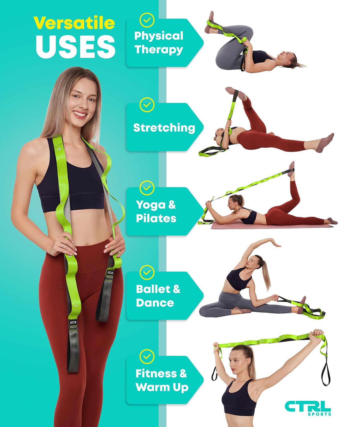 Stretching Strap with Loops - Non Elastic Stretch Band for Physical Therapy, Yoga Strap for Stretching Equipment, Stretch Bands for Exercise and Flexibility - Fascia, Hamstring & Leg Stretcher Belt - My Store