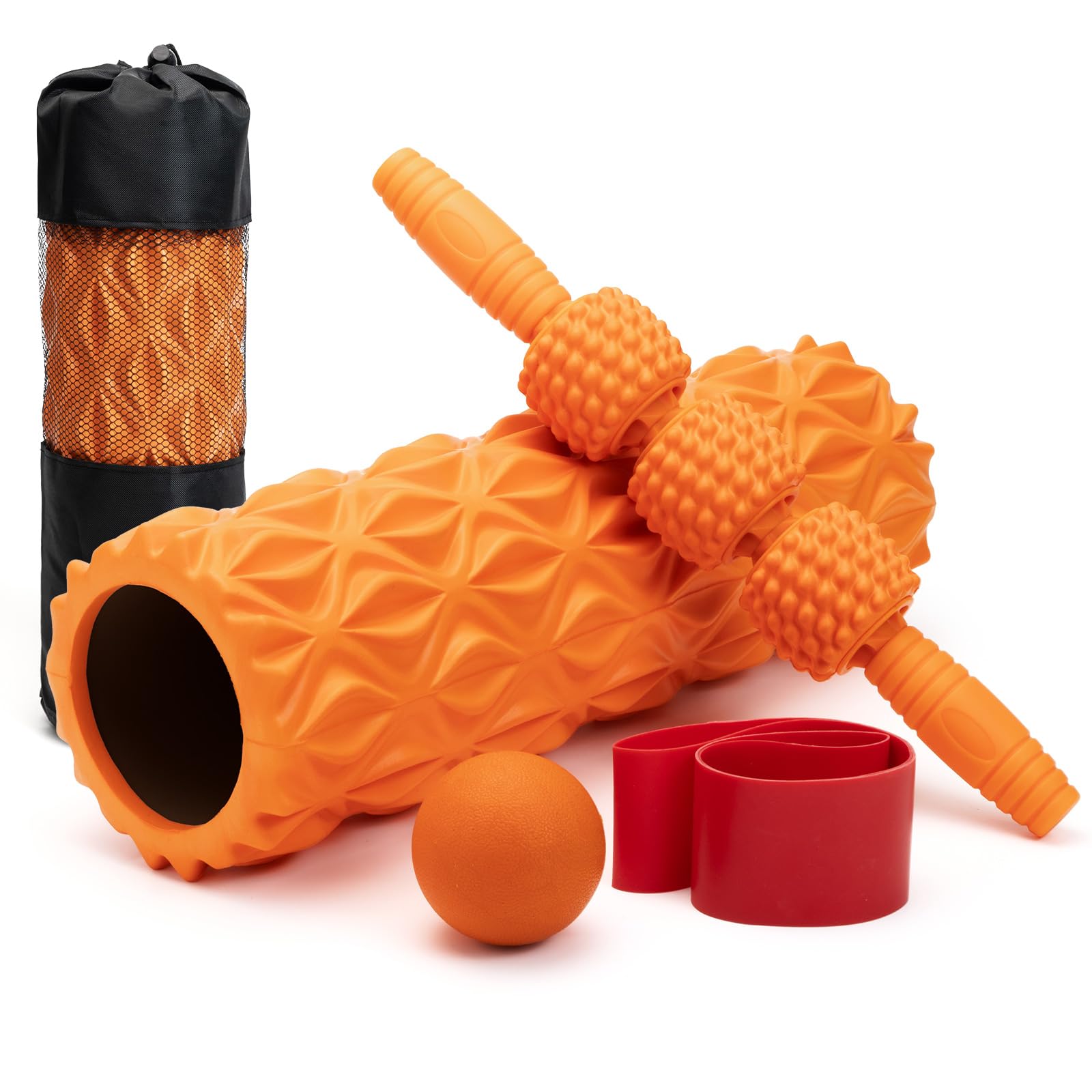 5 in1 Foam Roller Set, Trigger Point Foam Roller, Massage Roller Stick, Massage Ball, Resistance Band for Deep Muscle Massage Pilates Yoga,Fitness Exercise for Whole Body (Black-Red) - My Store