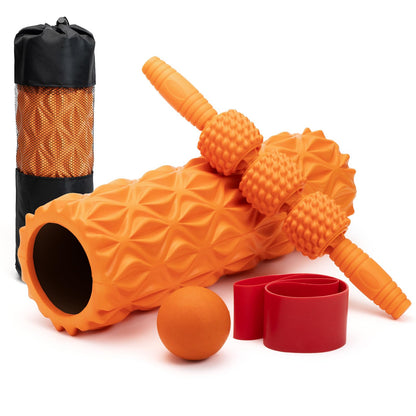 5 in1 Foam Roller Set, Trigger Point Foam Roller, Massage Roller Stick, Massage Ball, Resistance Band for Deep Muscle Massage Pilates Yoga,Fitness Exercise for Whole Body (Black-Red) - My Store