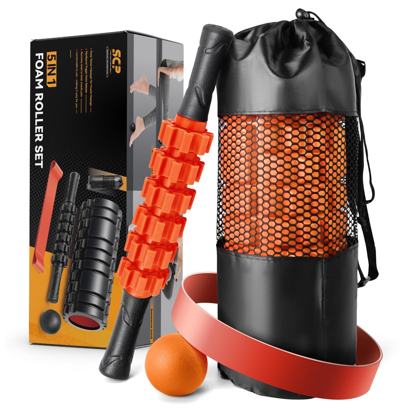 5 in1 Foam Roller Set, Trigger Point Foam Roller, Massage Roller Stick, Massage Ball, Resistance Band for Deep Muscle Massage Pilates Yoga,Fitness Exercise for Whole Body (Black-Red) - My Store