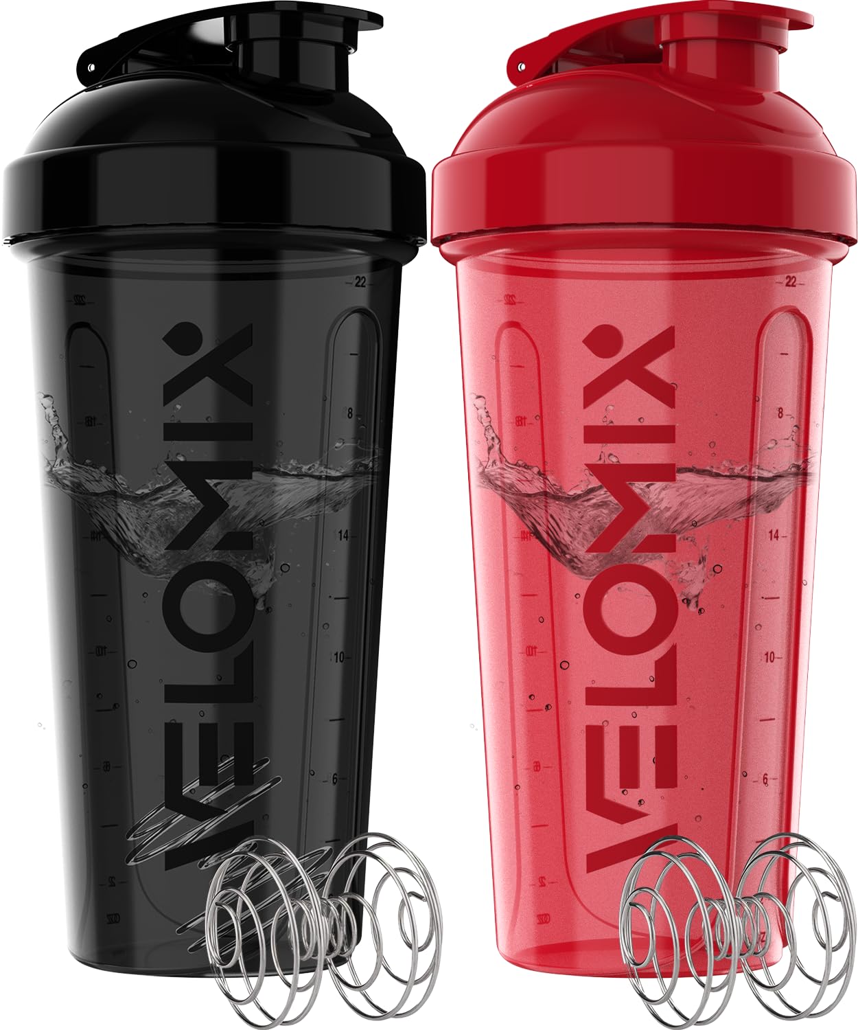 VELOMIX - 2 Pack- 28 oz Protein Shaker Bottles for Protein Mixes - 2x Wire Whisk | Leak Proof Shaker Cups for Protein Shakes | Protein Shaker Bottle Pack (Black/Transparent) - My Store
