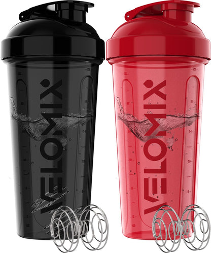 VELOMIX - 2 Pack- 28 oz Protein Shaker Bottles for Protein Mixes - 2x Wire Whisk | Leak Proof Shaker Cups for Protein Shakes | Protein Shaker Bottle Pack (Black/Transparent) - My Store