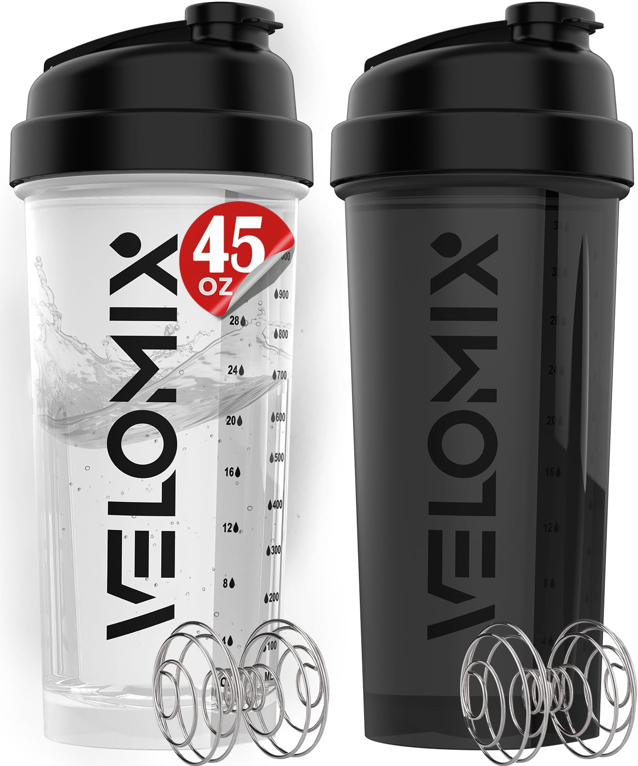 VELOMIX - 2 Pack- 28 oz Protein Shaker Bottles for Protein Mixes - 2x Wire Whisk | Leak Proof Shaker Cups for Protein Shakes | Protein Shaker Bottle Pack (Black/Transparent) - My Store