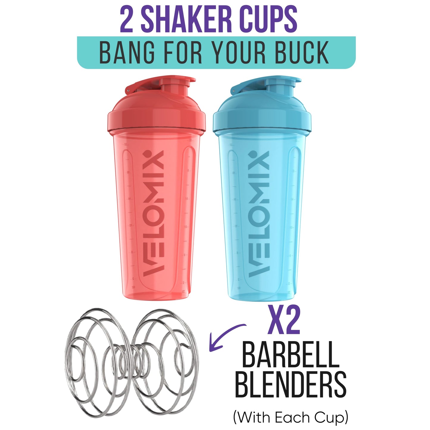 VELOMIX - 2 Pack- 28 oz Protein Shaker Bottles for Protein Mixes - 2x Wire Whisk | Leak Proof Shaker Cups for Protein Shakes | Protein Shaker Bottle Pack (Black/Transparent) - My Store