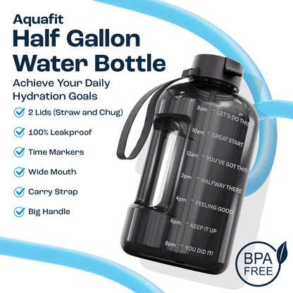 AQUAFIT 1 Gallon Water Bottle with Time Marker - Straw & Chug Lid - BPA Free Gym Water Bottle with Straw - Big Gallon Jug (Gray, 128 oz - 2 Lids) - My Store