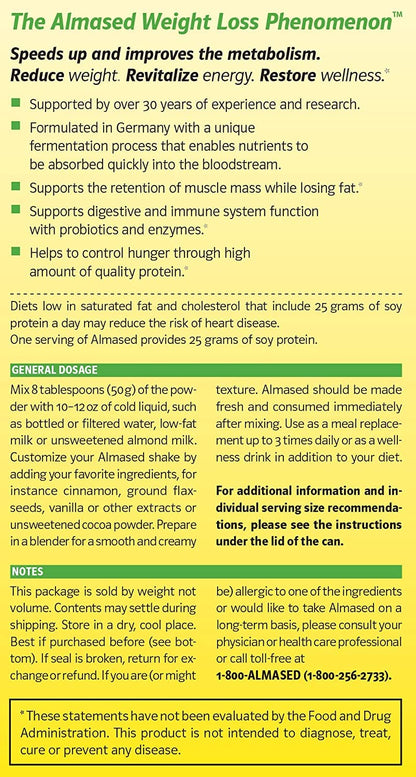 Almased Vanilla Meal Replacement Shake - Low-Glycemic High Plant Base Protein Powder- Nutritional Weight Health Support Supplement - Vanilla Flavor - 17.6 oz (1.1 Pound (1 Pack)) - My Store