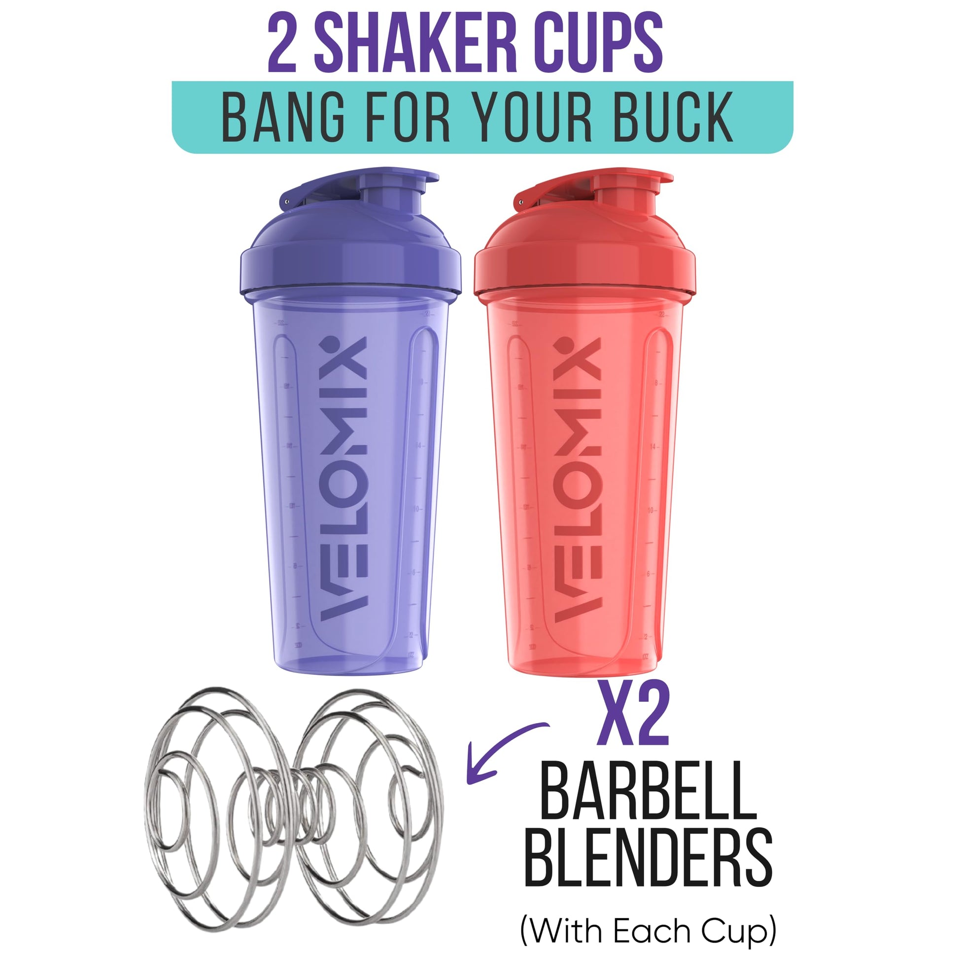 VELOMIX - 2 Pack- 28 oz Protein Shaker Bottles for Protein Mixes - 2x Wire Whisk | Leak Proof Shaker Cups for Protein Shakes | Protein Shaker Bottle Pack (Black/Transparent) - My Store