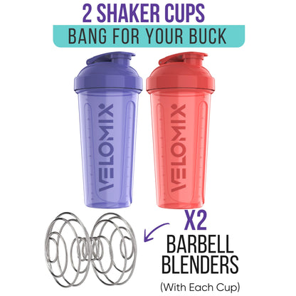 VELOMIX - 2 Pack- 28 oz Protein Shaker Bottles for Protein Mixes - 2x Wire Whisk | Leak Proof Shaker Cups for Protein Shakes | Protein Shaker Bottle Pack (Black/Transparent) - My Store