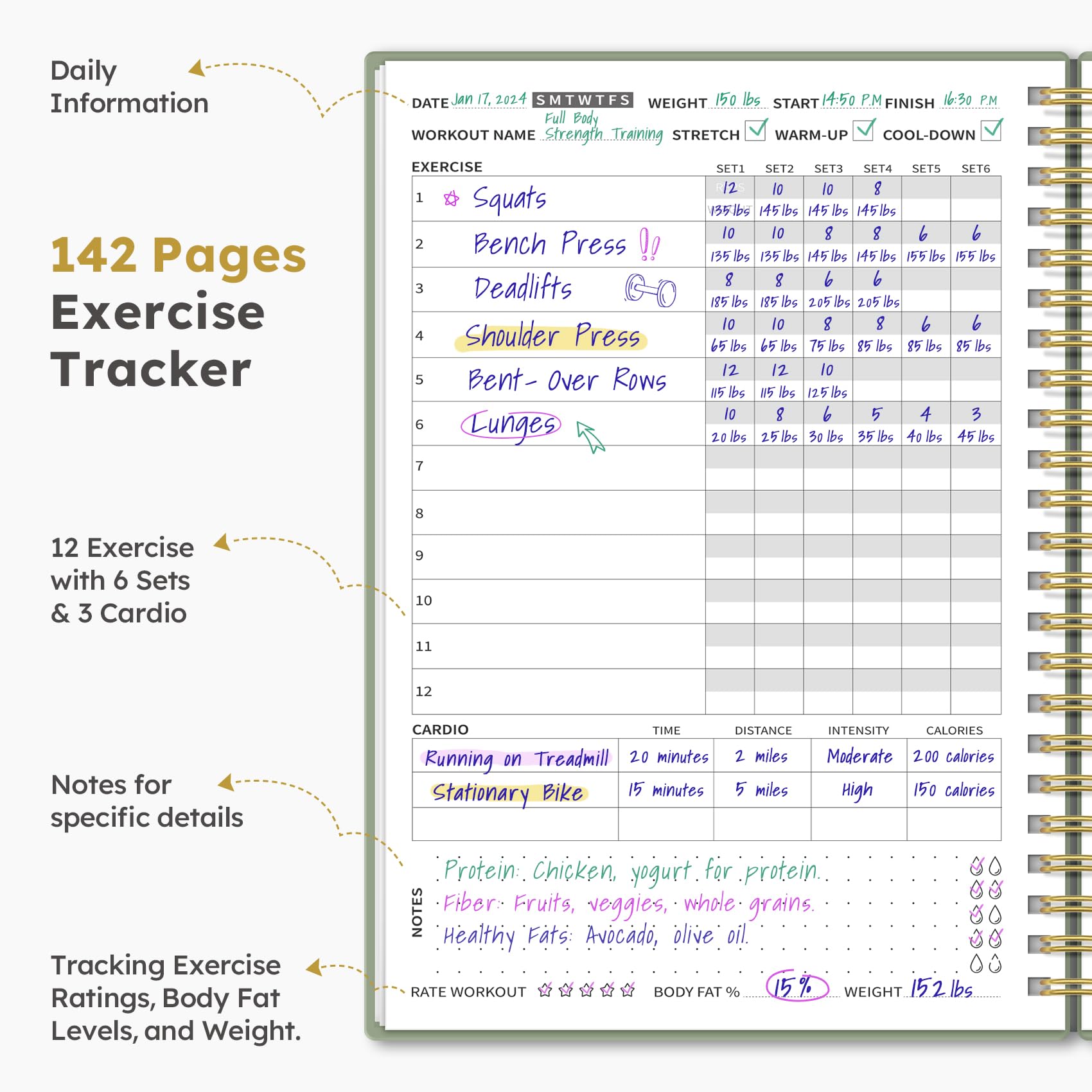 Fitness Workout Journal for Women & Men, A5(5.5" x 8.2") Workout Log Book Planner for Tracking, Progress, and Achieving Your Wellness Goals - Green - My Store