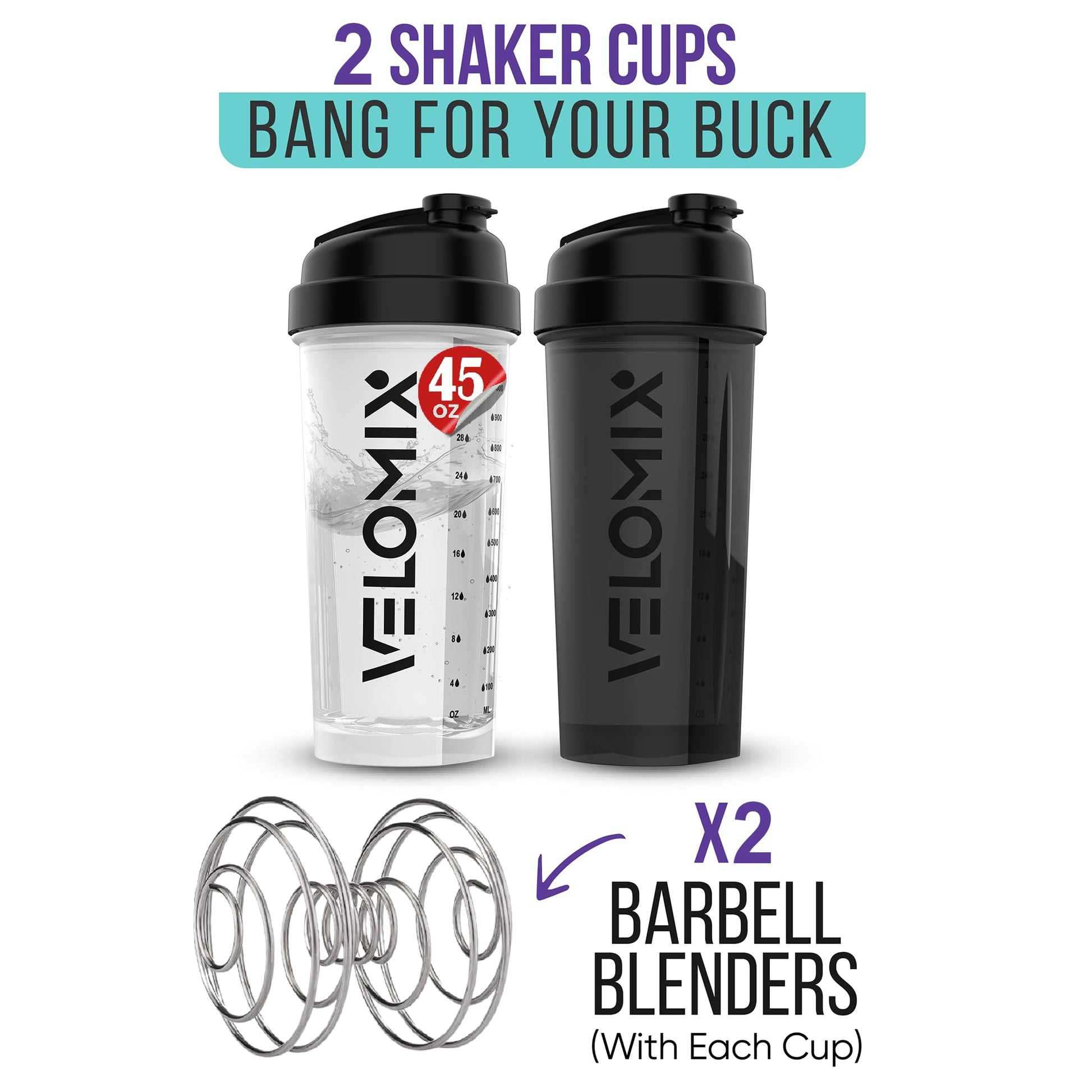 VELOMIX - 2 Pack- 28 oz Protein Shaker Bottles for Protein Mixes - 2x Wire Whisk | Leak Proof Shaker Cups for Protein Shakes | Protein Shaker Bottle Pack (Black/Transparent) - My Store