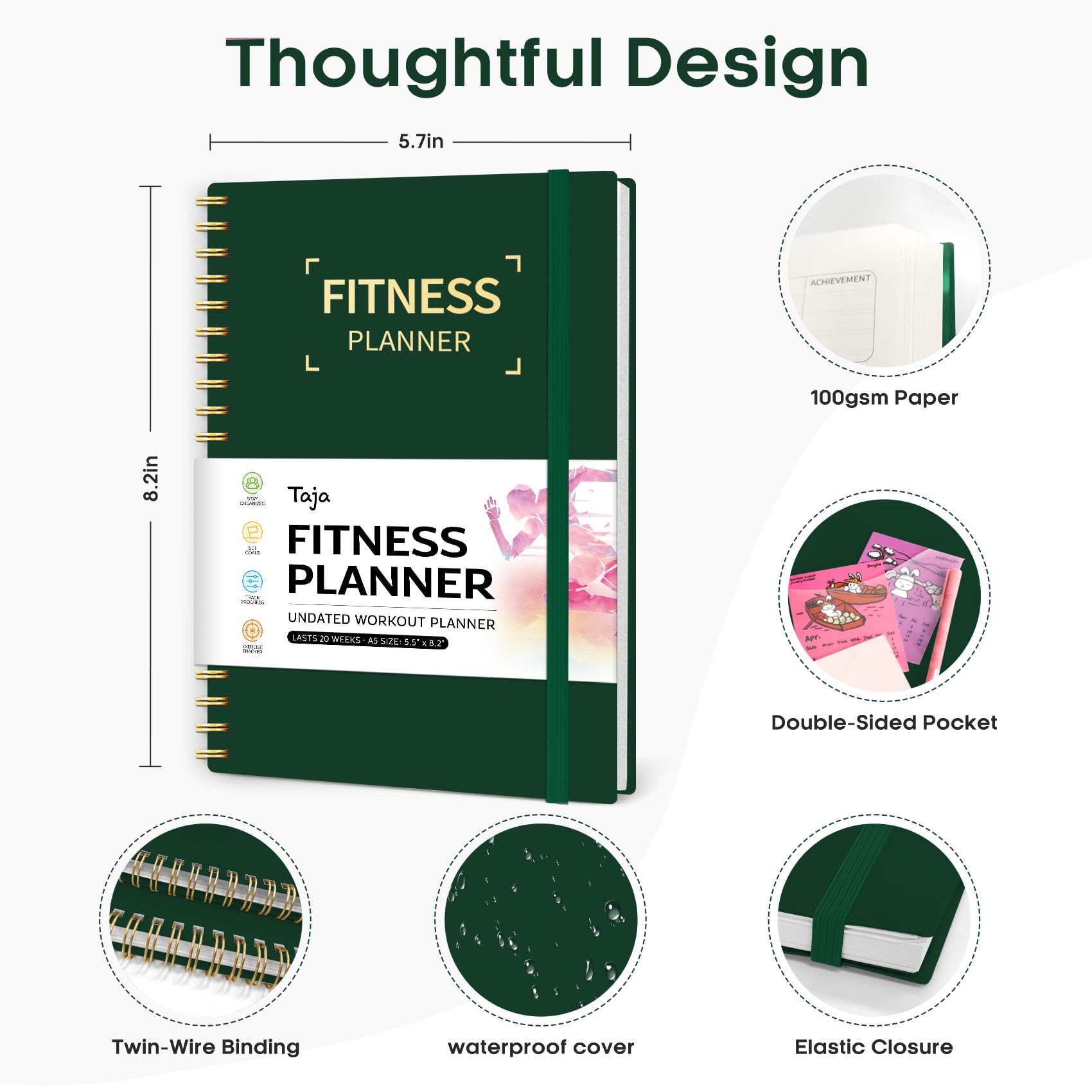 Fitness Workout Journal for Women & Men, A5(5.5" x 8.2") Workout Log Book Planner for Tracking, Progress, and Achieving Your Wellness Goals - Green - My Store