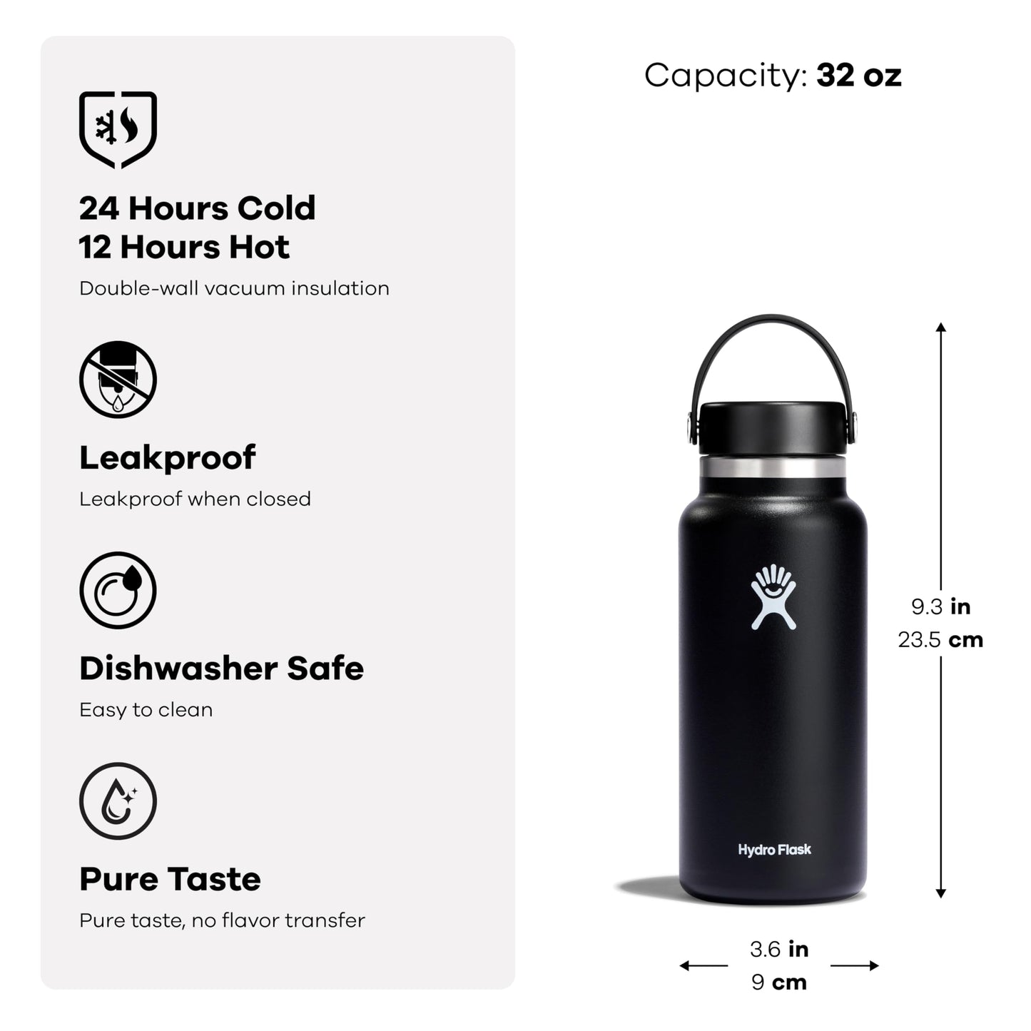 Hydro Flask Water Bottle - Insulated Stainless Steel - Wide Mouth Flex Lid, Non Spill, Leakproof and Refillable in 32 Oz Stone Gray
