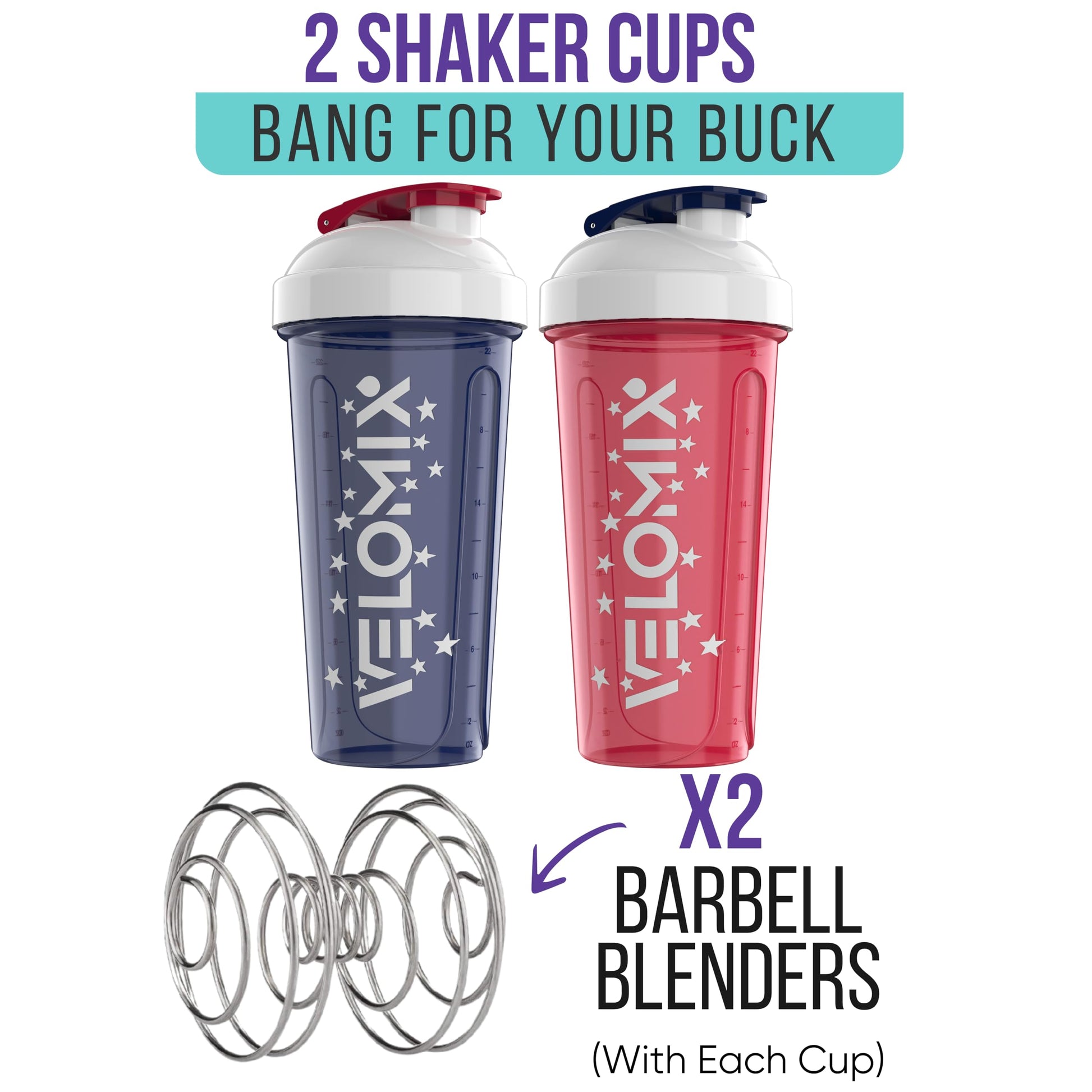 VELOMIX - 2 Pack- 28 oz Protein Shaker Bottles for Protein Mixes - 2x Wire Whisk | Leak Proof Shaker Cups for Protein Shakes | Protein Shaker Bottle Pack (Black/Transparent) - My Store