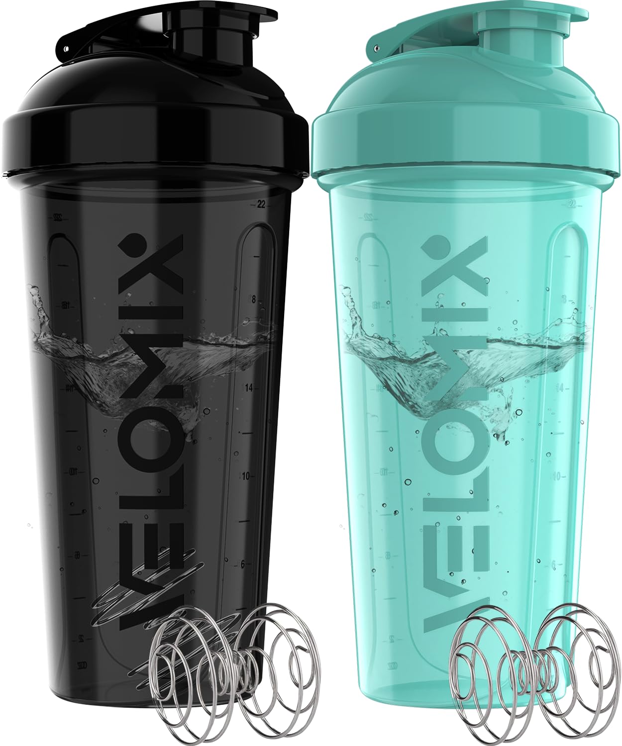 VELOMIX - 2 Pack- 28 oz Protein Shaker Bottles for Protein Mixes - 2x Wire Whisk | Leak Proof Shaker Cups for Protein Shakes | Protein Shaker Bottle Pack (Black/Transparent) - My Store