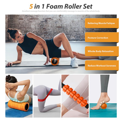 5 in1 Foam Roller Set, Trigger Point Foam Roller, Massage Roller Stick, Massage Ball, Resistance Band for Deep Muscle Massage Pilates Yoga,Fitness Exercise for Whole Body (Black-Red) - My Store