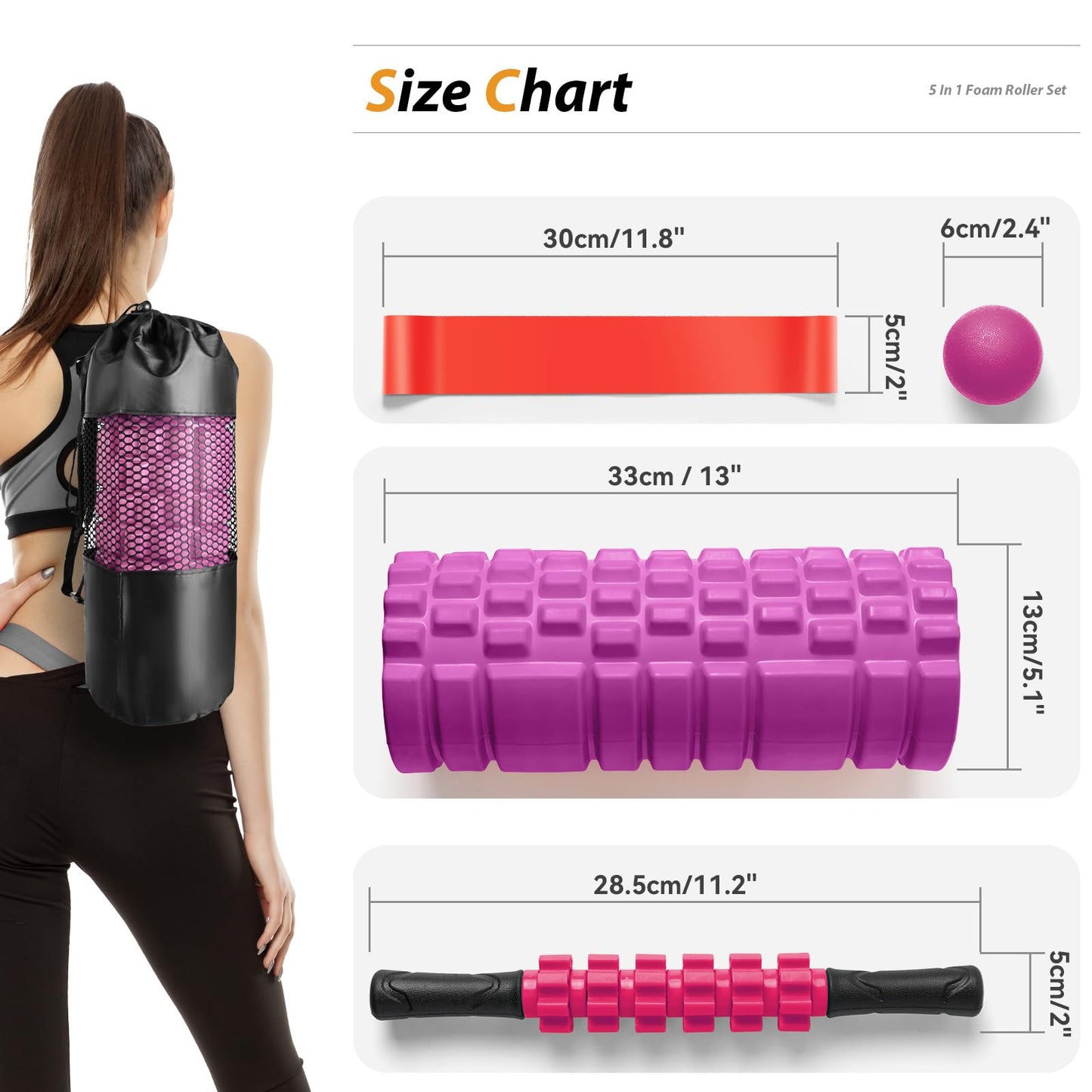 5 in1 Foam Roller Set, Trigger Point Foam Roller, Massage Roller Stick, Massage Ball, Resistance Band for Deep Muscle Massage Pilates Yoga,Fitness Exercise for Whole Body (Black-Red) - My Store