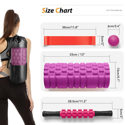 5 in1 Foam Roller Set, Trigger Point Foam Roller, Massage Roller Stick, Massage Ball, Resistance Band for Deep Muscle Massage Pilates Yoga,Fitness Exercise for Whole Body (Black-Red) - My Store