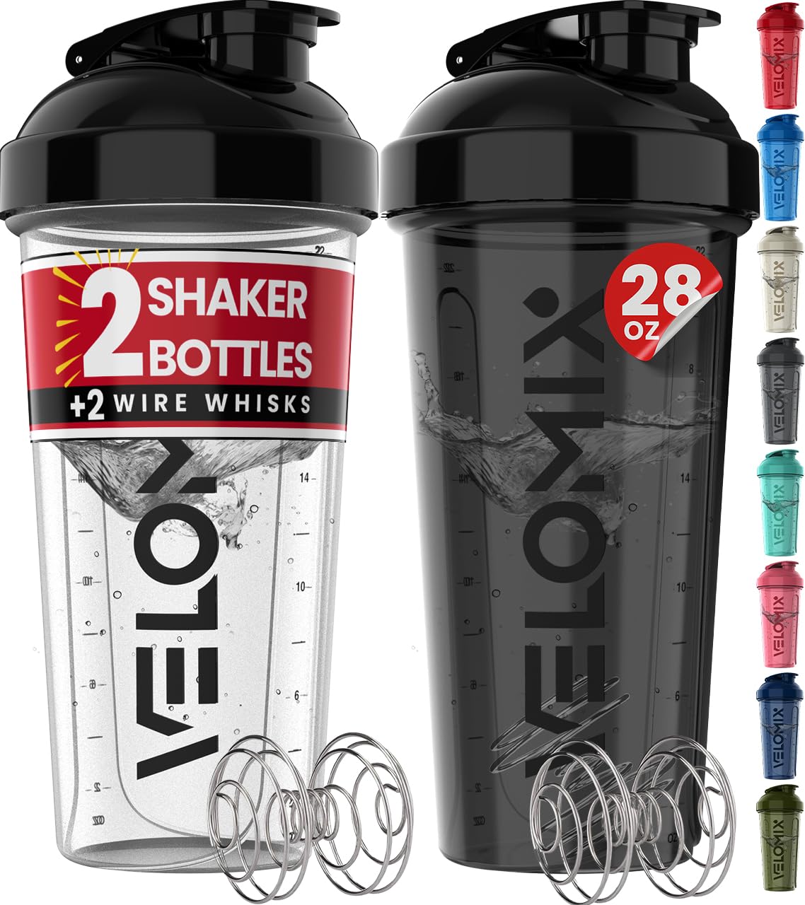 VELOMIX - 2 Pack- 28 oz Protein Shaker Bottles for Protein Mixes - 2x Wire Whisk | Leak Proof Shaker Cups for Protein Shakes | Protein Shaker Bottle Pack (Black/Transparent) - My Store