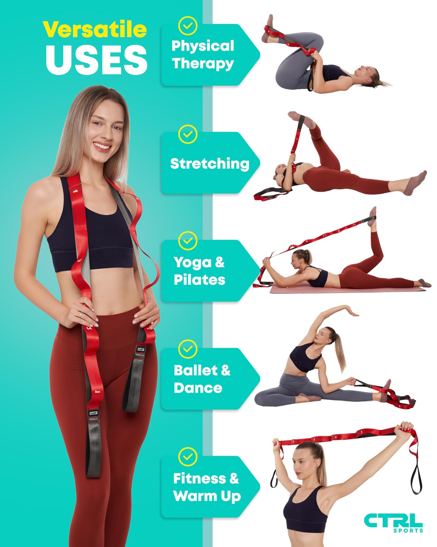 Stretching Strap with Loops - Non Elastic Stretch Band for Physical Therapy, Yoga Strap for Stretching Equipment, Stretch Bands for Exercise and Flexibility - Fascia, Hamstring & Leg Stretcher Belt - My Store