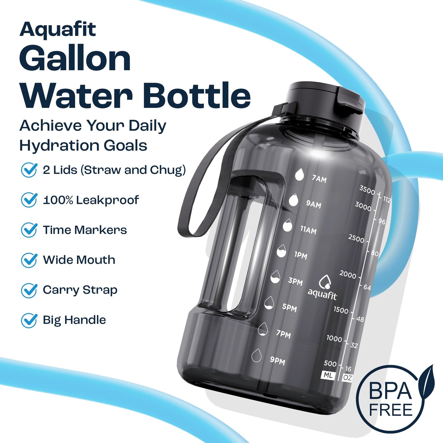 AQUAFIT 1 Gallon Water Bottle with Time Marker - Straw & Chug Lid - BPA Free Gym Water Bottle with Straw - Big Gallon Jug (Gray, 128 oz - 2 Lids) - My Store