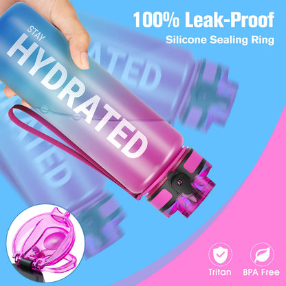 Sahara Sailor Water Bottle, 32/25/17oz Durable and Leakproof Water Bottles Motivational with Time Marker, Tritan, BPA Free, Wide Mouth with Easy Clean Brush for Gym, Travel, School, Office (1 Bottle) - My Store