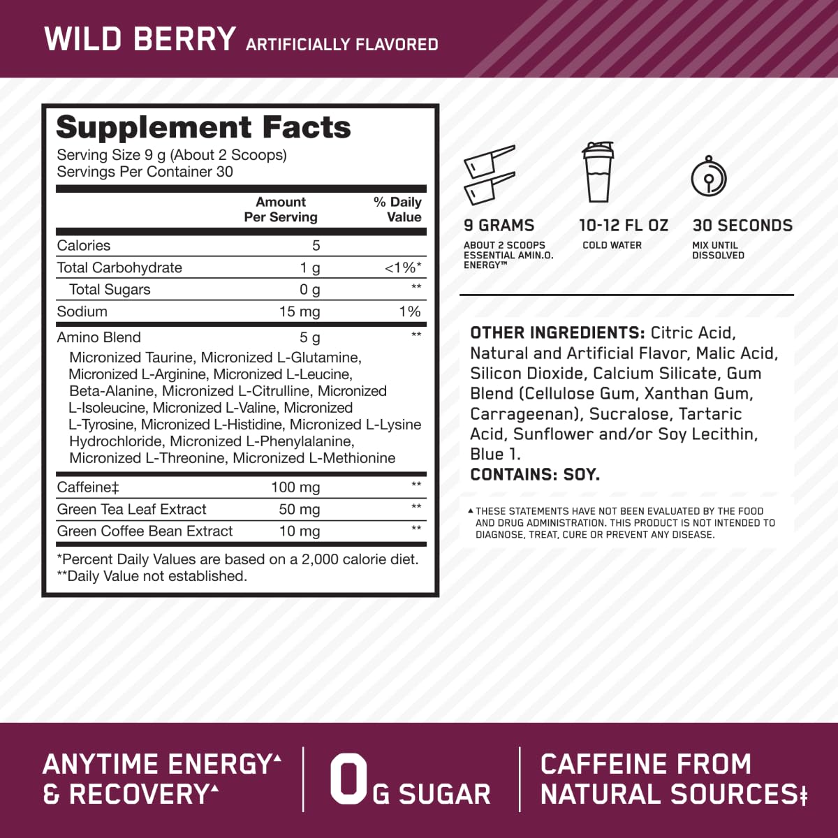 Optimum Nutrition Amino Energy - Pre Workout with Green Tea, BCAA, Amino Acids, Keto Friendly, Green Coffee Extract, Energy Powder - Concord Grape, 65 Servings (Packaging May Vary)